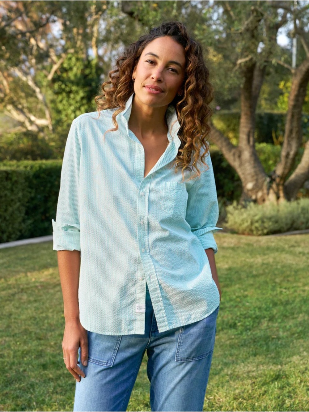 Frank and Eileen Relaxed Button-Up Shirt Green Stripe Italian Seersucker Eileen